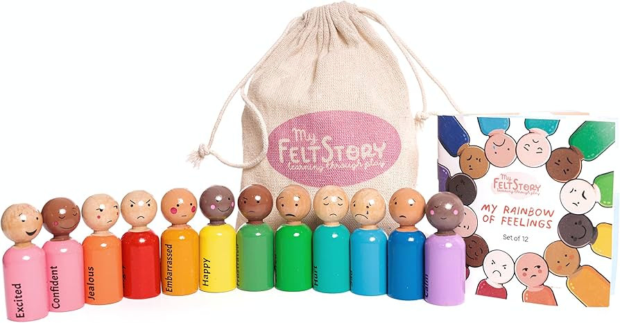 My Felt Story, 12 Feeling Peg Dolls, Multi Skin Tone, Rainbow Wood, Montessori Reggio Preschool, ... | Amazon (US)