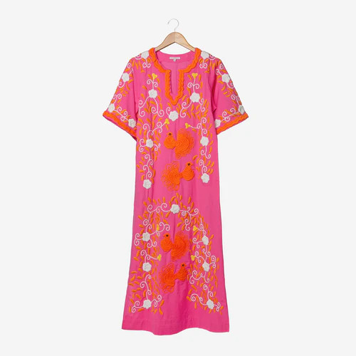 Peacock Caftan Dress Pink Coral Yellow | 