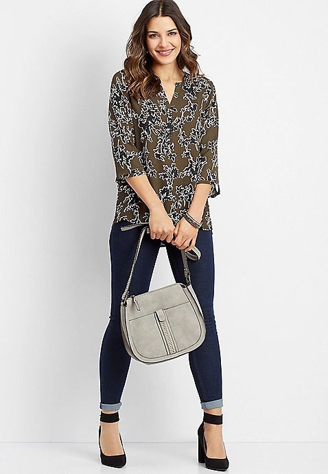 floral print henley popover blouse | Maurices