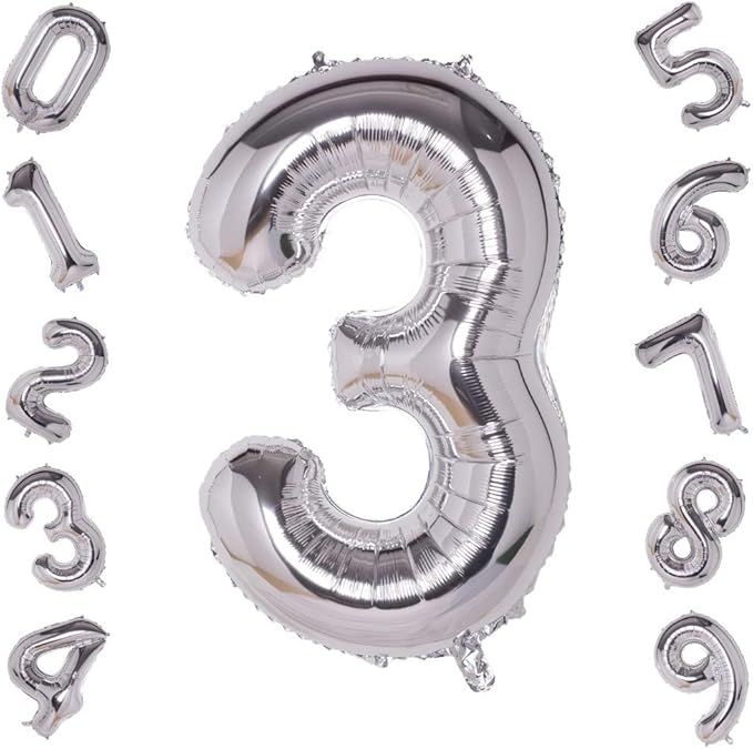 40 Inch Giant Silver Number 3 Balloon,Foil Helium Digital Balloons for Birthday Anniversary Party... | Amazon (US)