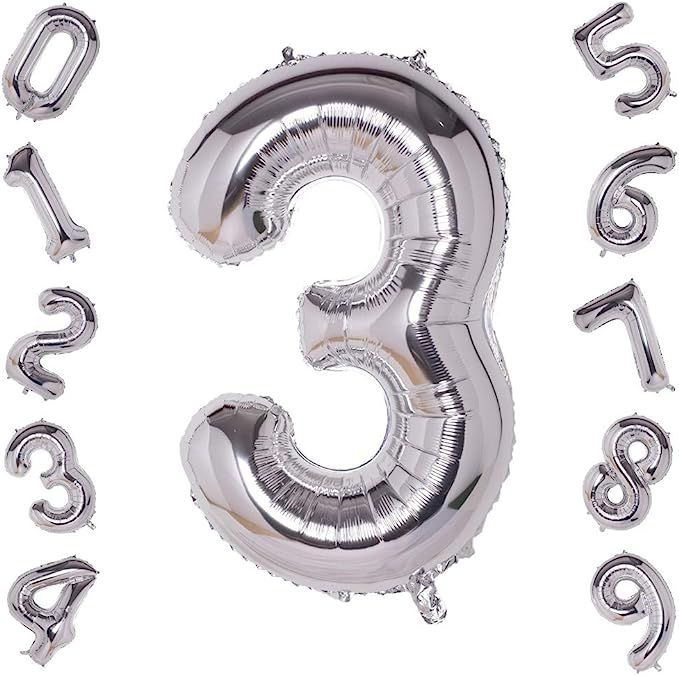 40 Inch Giant Silver Number 3 Balloon,Foil Helium Digital Balloons for Birthday Anniversary Party... | Amazon (US)