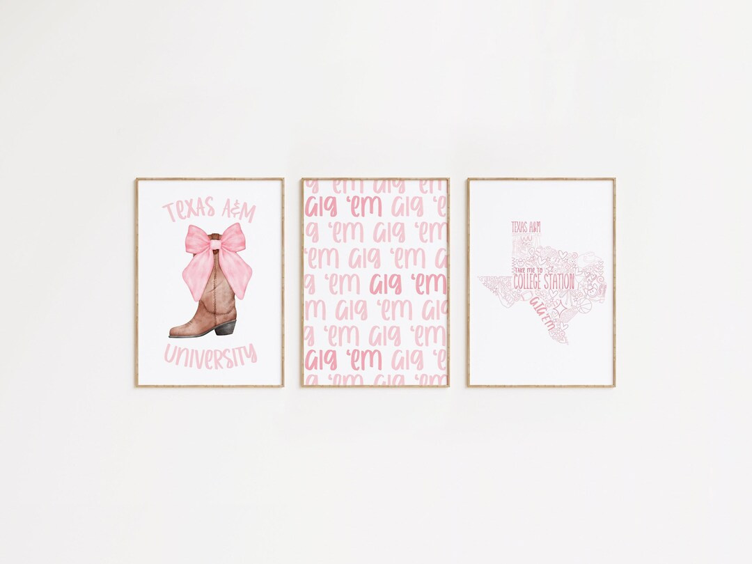 Pink Texas A&M Set of 3 | TAMU Digital Art | College Station Wall Decor | Texas Wall Art | Coquet... | Etsy (US)