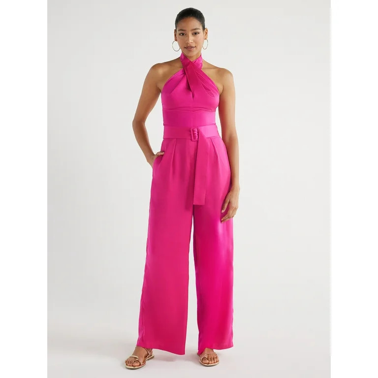 Scoop Women's Wrap Halter Satin Jumpsuit with Wide Leg, 32” Inseam, Sizes XS-XXL - Walmart.com | Walmart (US)