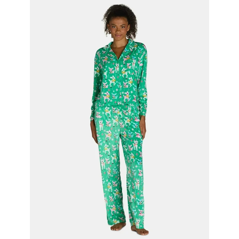 Holiday Time Women’s and Women’s Plus Velour Notch Collar Pajama Top and Pants Set, 2-Piece, ... | Walmart (US)