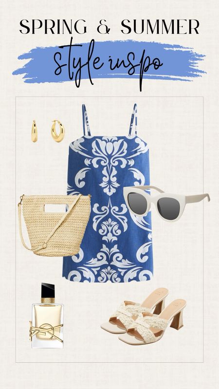 Styled looks. Vacation outfit. Blue linen dress. Date night outfit. Summer outfits. Sunglasses. White block heels mules. Sandals. Woven bag. 

#LTKGiftGuide #LTKSeasonal #LTKsalealert