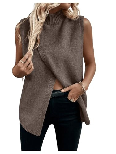 Verdusa Women's Sleeveless Sweater Vest Spring Business Casual Outfits Mock Neck Knit Pullover Sweaters Going Out Tops Coffee Brown Small | Amazon (US)