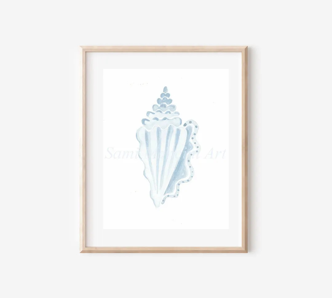 SeaShell Watercolor Fine Art Print, Coastal theme, Beach Artwork, Blue and White | Etsy (US)