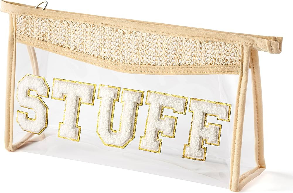Boho Patch STUFF Makeup Bag Clear Toiletry Bag Varsity Letter Travel Cosmetic Bag beige Transpare... | Amazon (US)