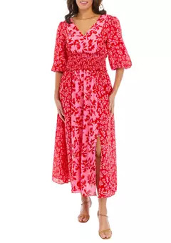 Women's Elbow Sleeve V-Neck Smocked Waist Floral Print Midi Dress | Belk