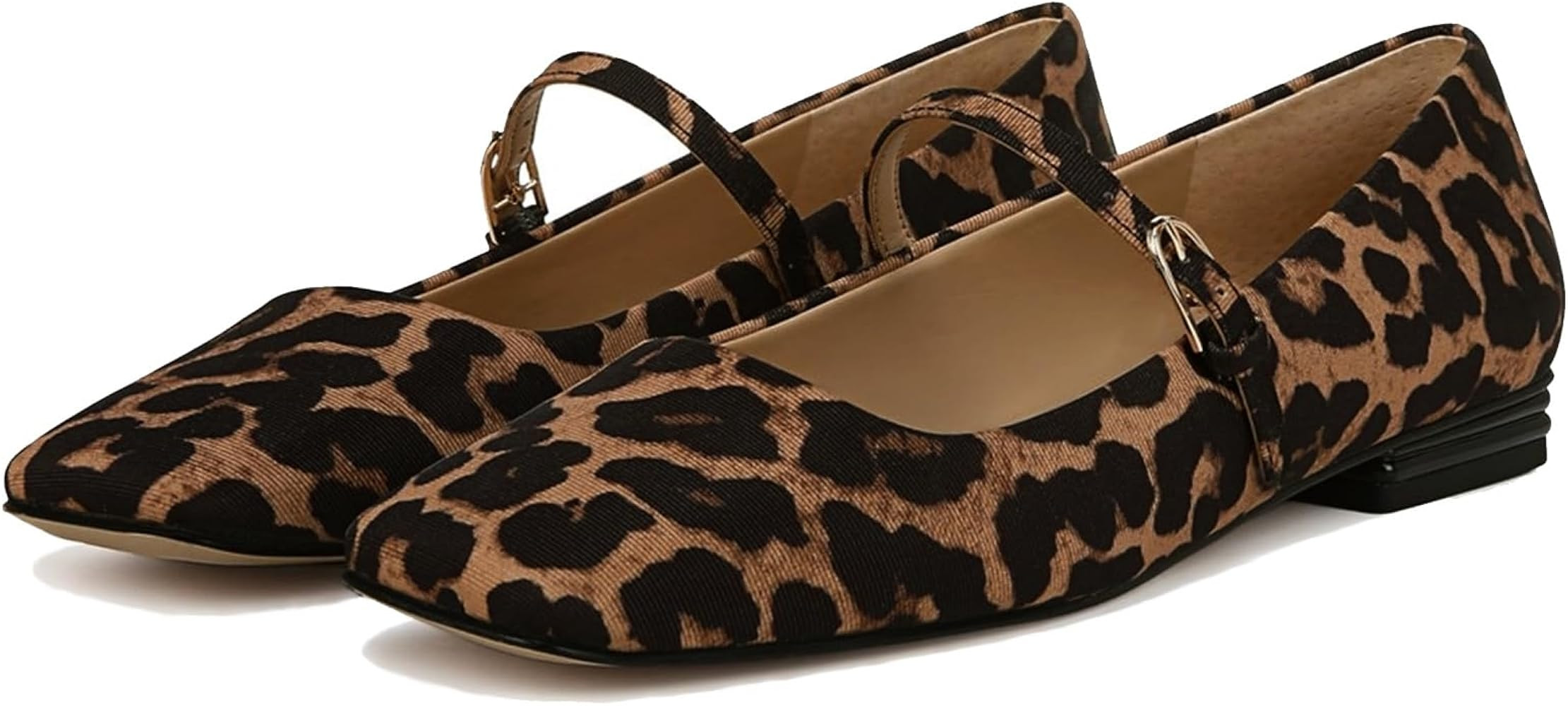 Leopard Ballet Flats Shoes for Women Square Toe Mary Jane Flats Buckle Strap Dress Casual Comfortable Animal Print Suede Leather Ballerina Shoes Size 8.5 | Amazon (US)