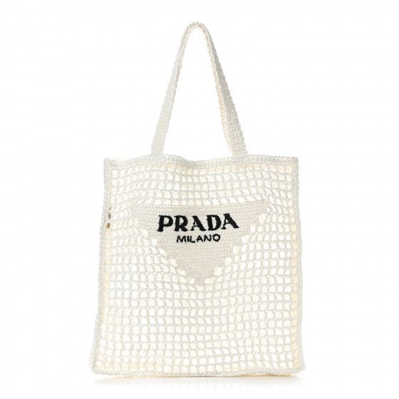 PRADA Raffia Embroidered Logo Tote Bag Bianco | Fashionphile