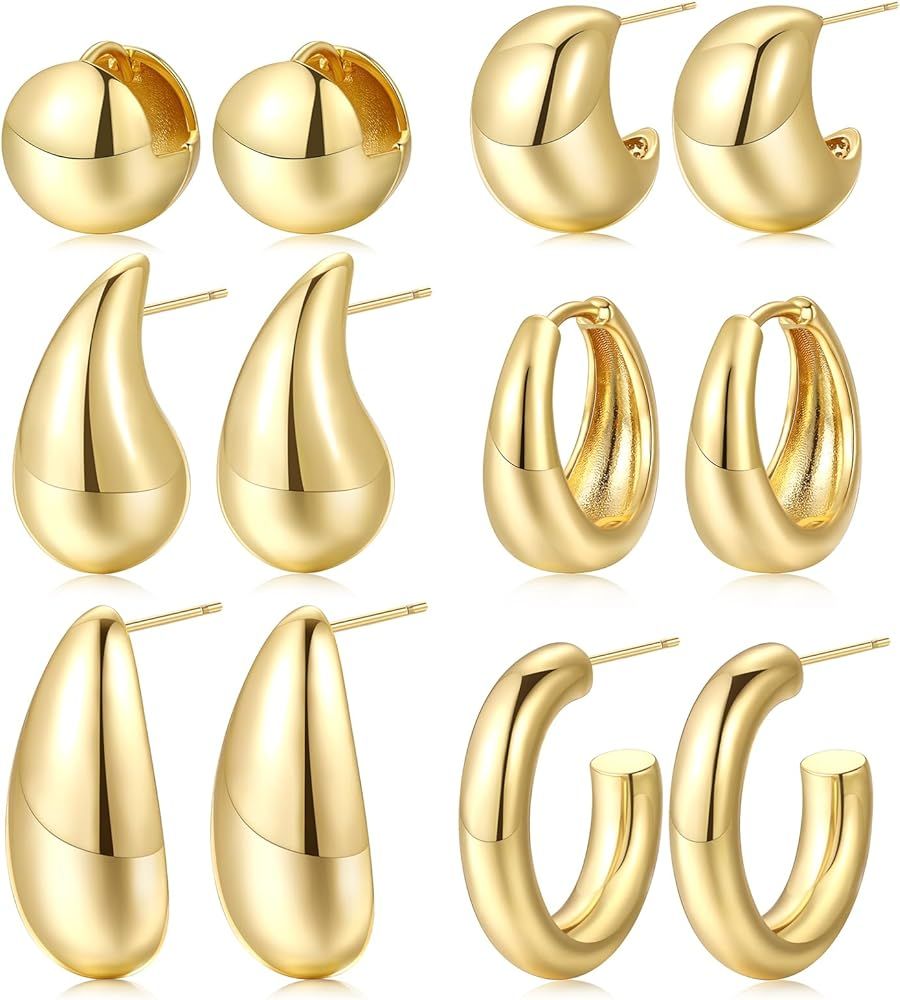 Chunky Gold Hoop Earrings Set for Women, 3 Pairs/ 6 Pairs Gold Teardrop Open Hollow Hoops, 14K Go... | Amazon (US)
