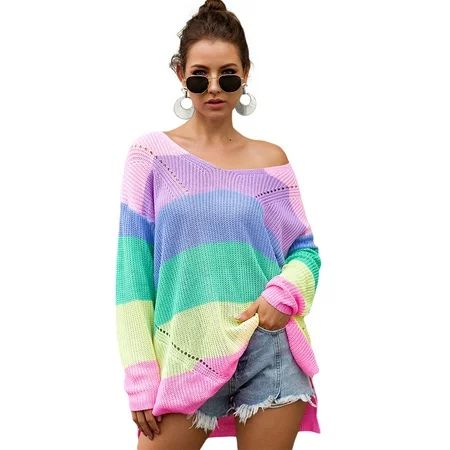 Women Rainbow Knitted Sweater Casual Striped Colorblock Loose Oversized Rainbow Sweatshirt Tops Blou | Walmart (US)