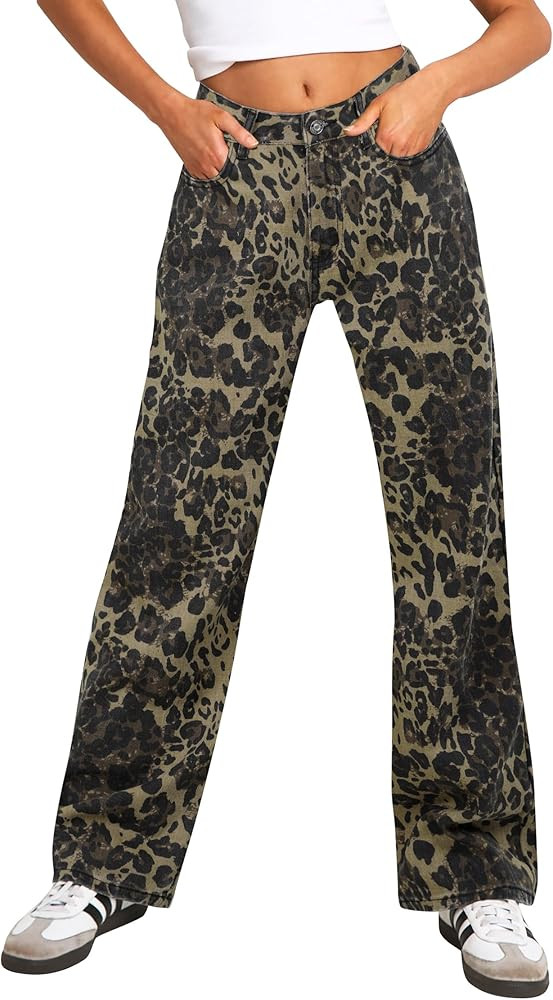 Womens Straight Leg Jeans, Leopard Print Cheetah Jeans for Women Trendy Baggy Wide Leg Loose Fit ... | Amazon (US)