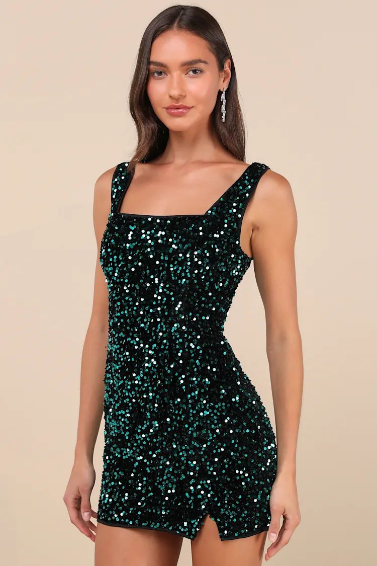 Seeing Sparkles Teal Velvet Sequin Square Neck Mini Dress | Lulus