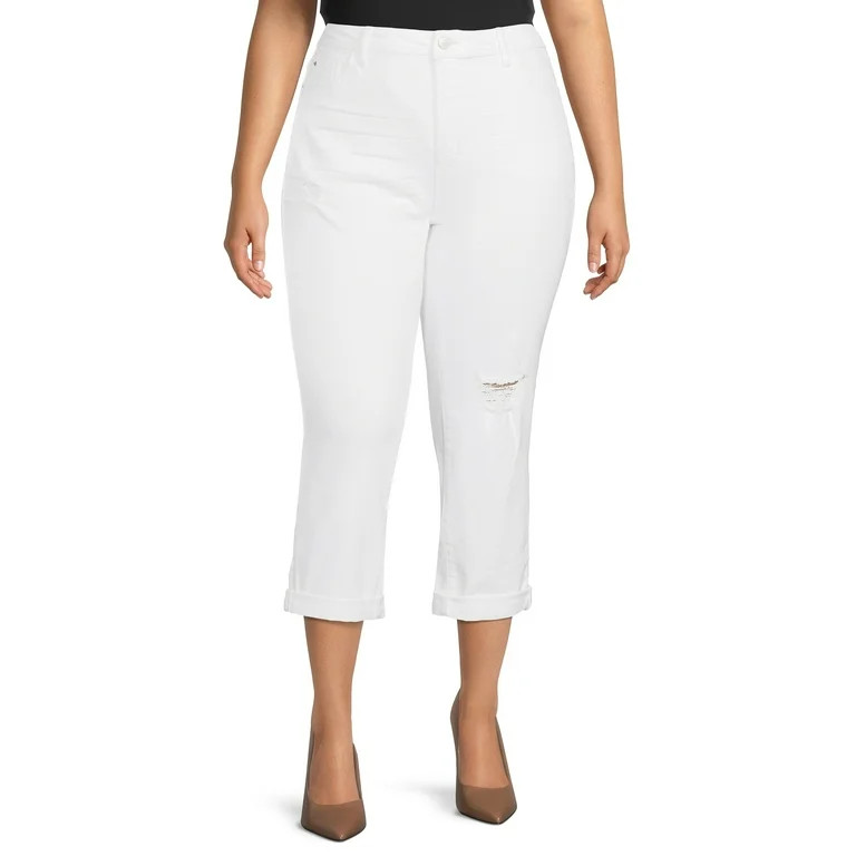 Terra & Sky Women's Plus Size Distressed Slim Boyfriend Jean Capri - Walmart.com | Walmart (US)