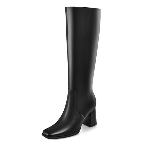 MIRAAZZURRA Black Boots for Women Square Toe Chunky High Heel Boots Black Tall Boots for Dress Date Long Boots Size 7 | Amazon (US)
