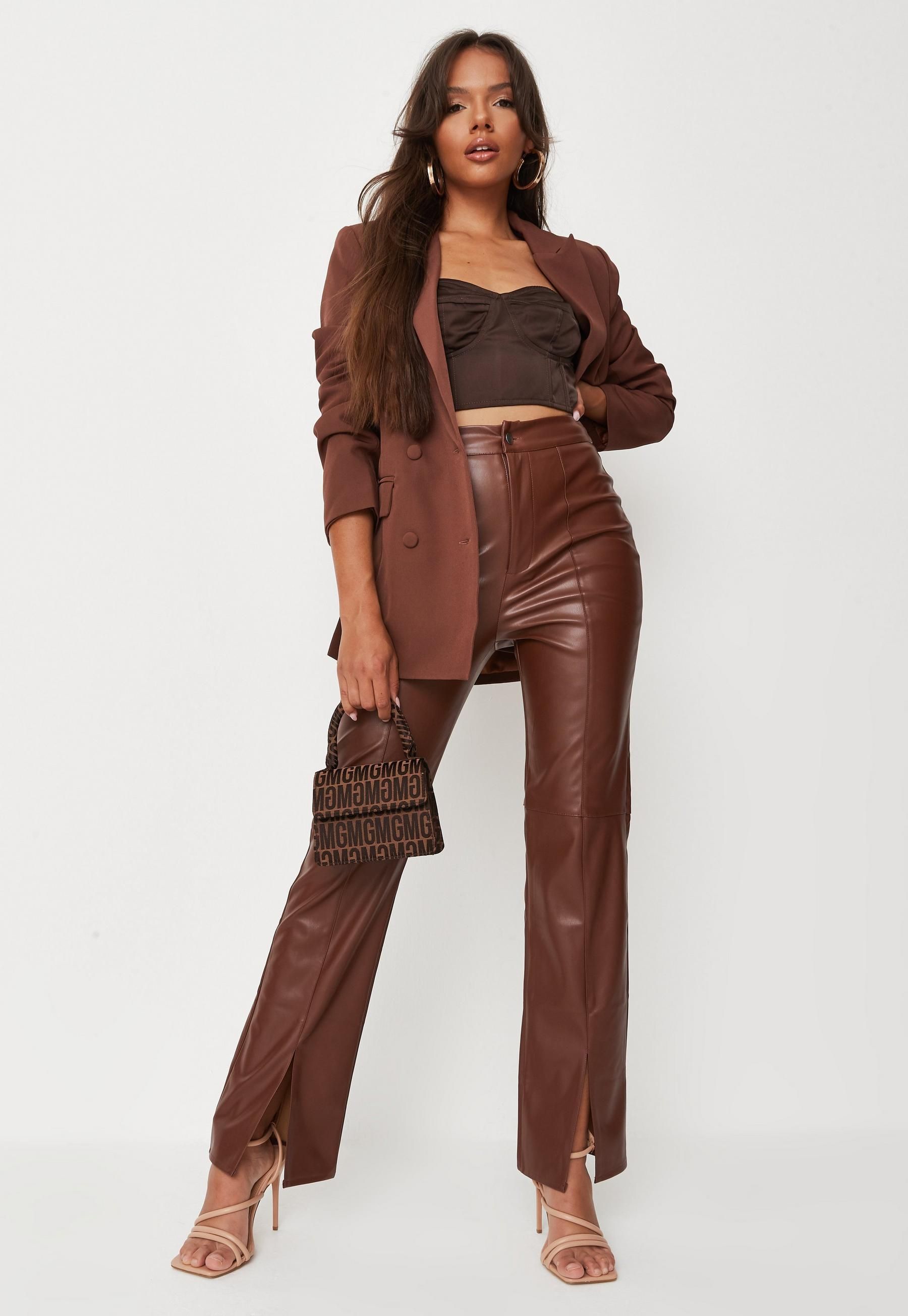 Chocolate Faux Leather Split Hem Straight Leg Pants | Missguided (US & CA)