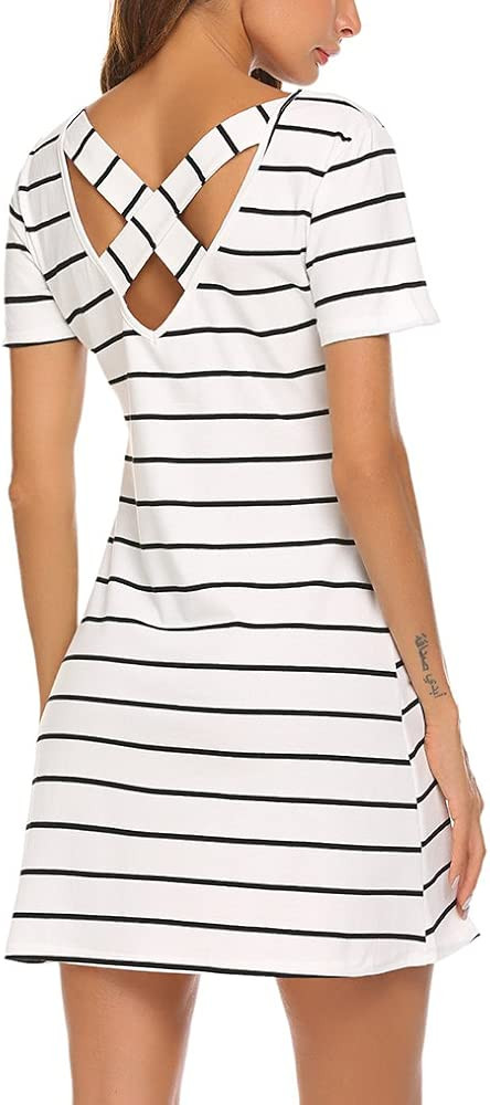 Women's Casual Striped Criss Cross Short Sleeve T Shirt Dress with Pockets | Amazon (US)