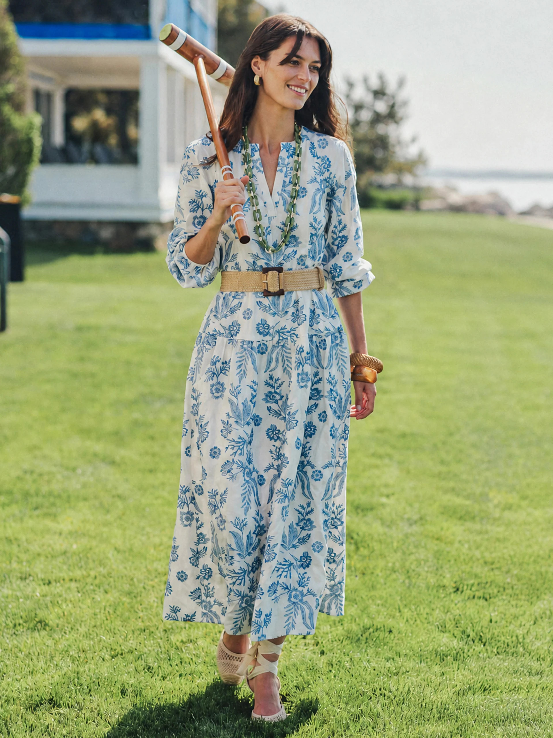 J.McLaughlin Women's Nancy Linen Blend Dress in Embroidery Off White/Blue, Size 8 | Cotton/Linen | J.McLaughlin