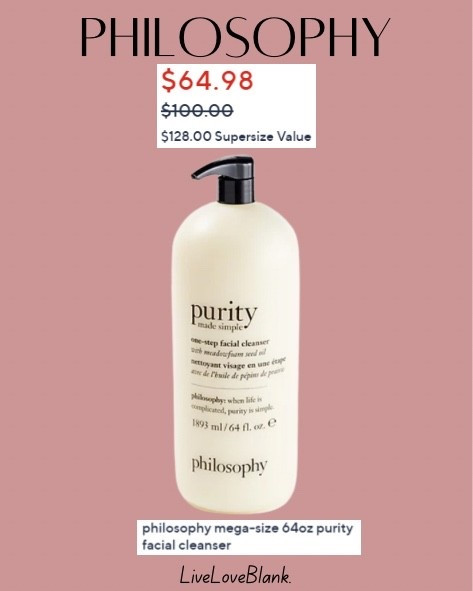 Philosophy sale 
64 oz purity facial cleanser

#LTKGiftGuide #LTKSaleAlert #LTKFindsUnder100