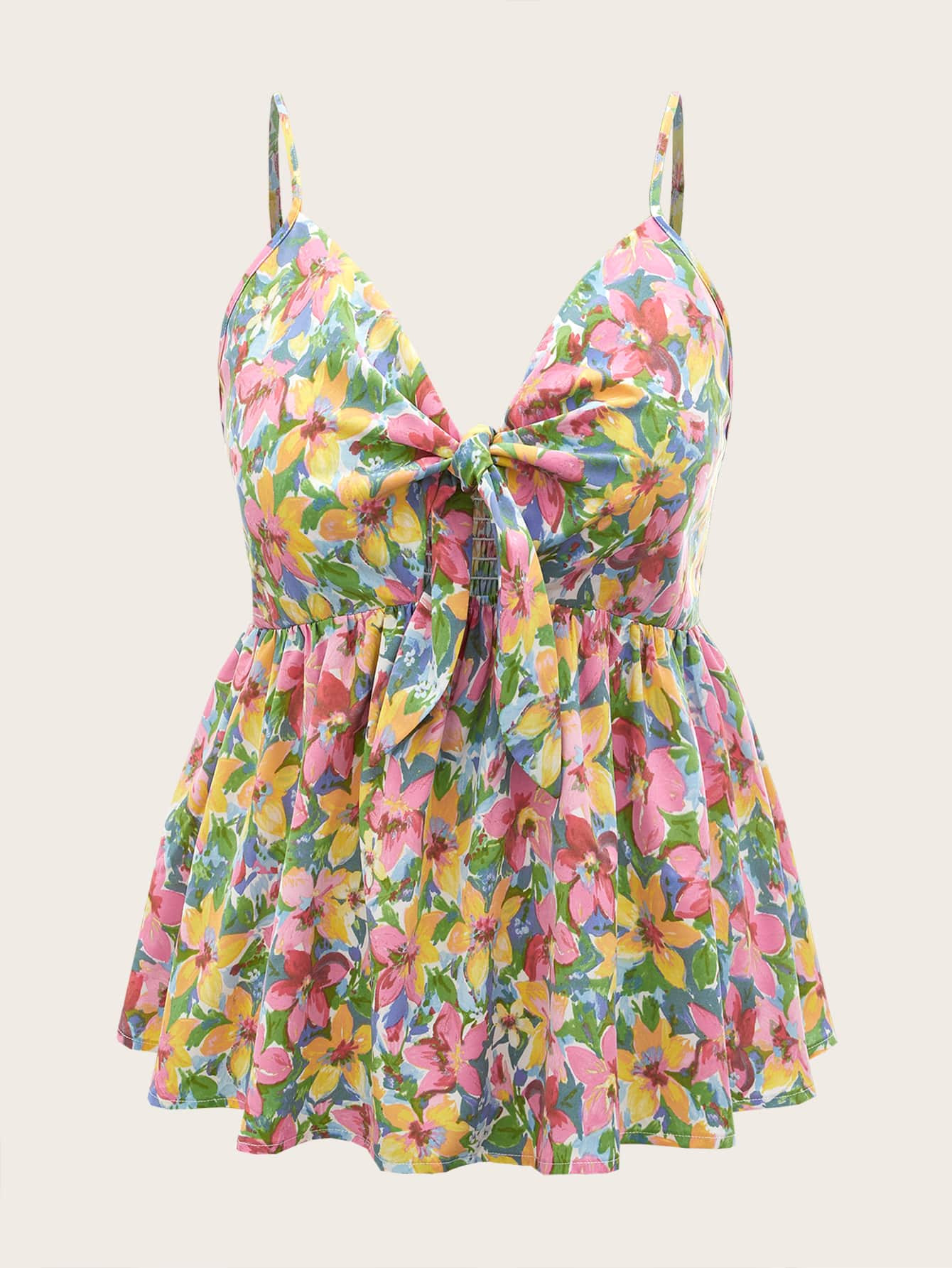 SHEIN Plus Floral Print Knot Front Shirred Back Peplum Cami Top | SHEIN