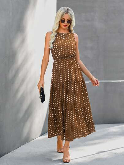 Polka Dot Sleeveless Ruffle Hem A-line Dress | SHEIN