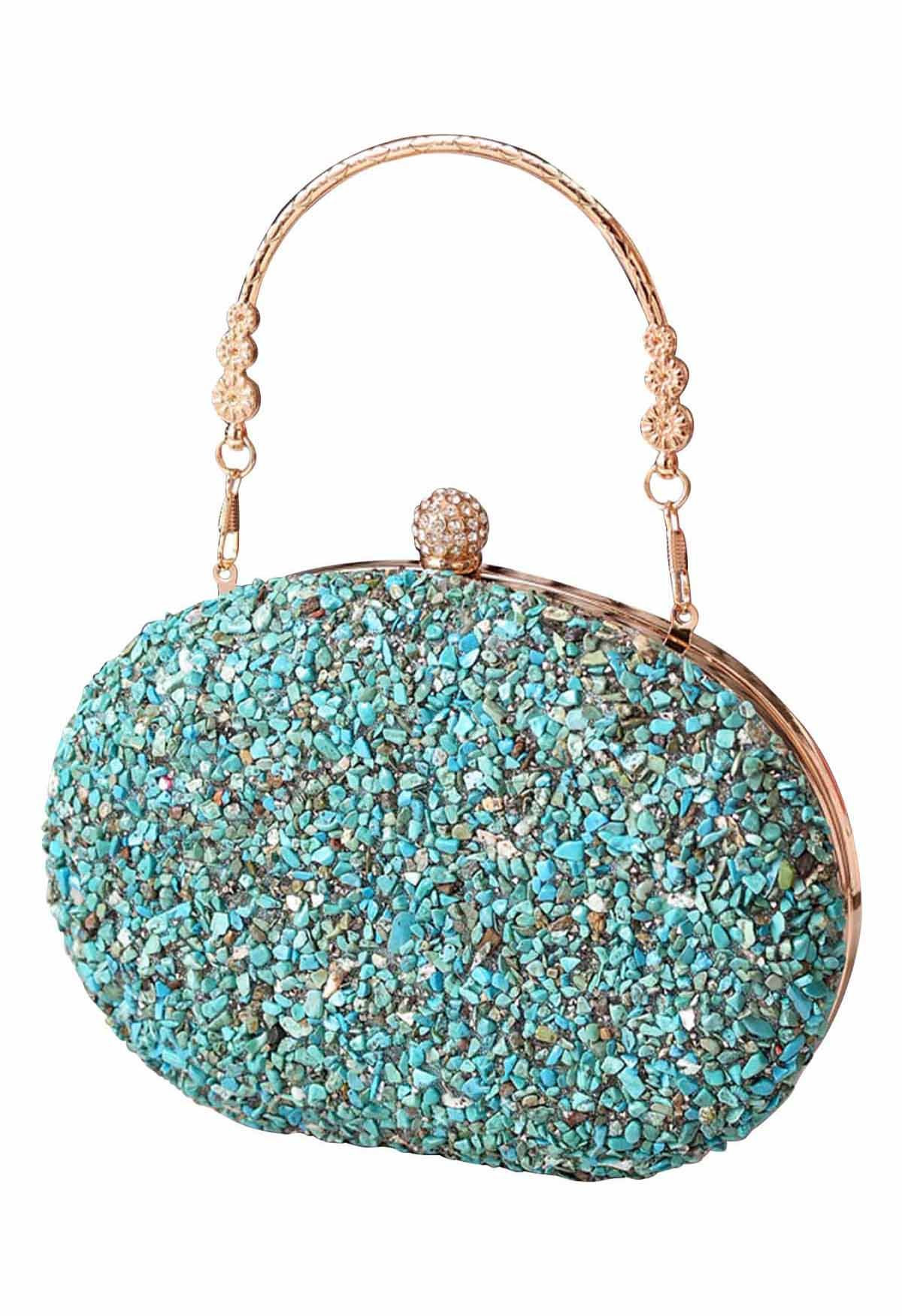 Full Beaded Rhinestone Oval Clutch in Turquoise | Chicwish