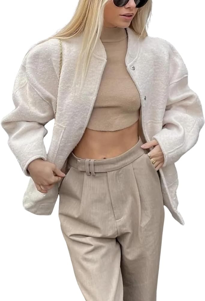 Huaqiao Casual Jacket for Women Oversized Wool Blend Jacket Bomber Jackets Button Down Shacket Va... | Amazon (US)