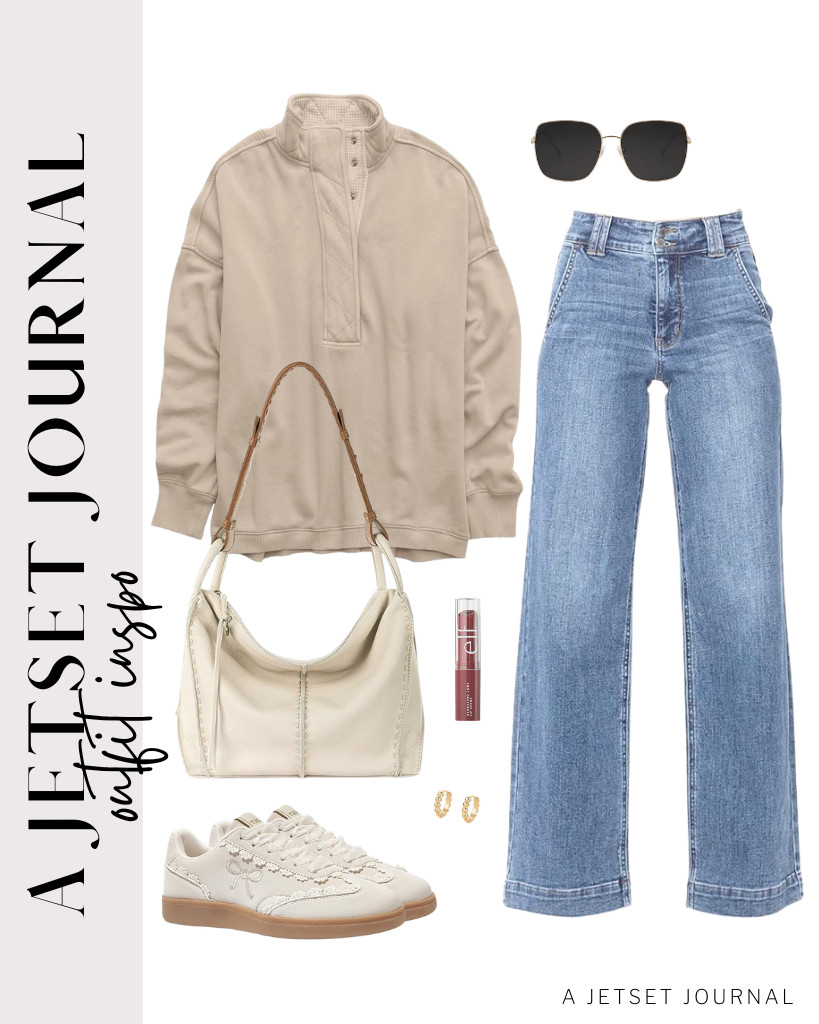 The next outfit features a stylish khaki pullover paired with wide-leg straight jeans. For footwear, you can wear these LUCKY STEP casual sneakers with a cute lace detail. Don’t forget to accessorize with a cute purse to carry your essentials. 

 #LTKSeasonal #LTKSaleAlert #LTKTravel