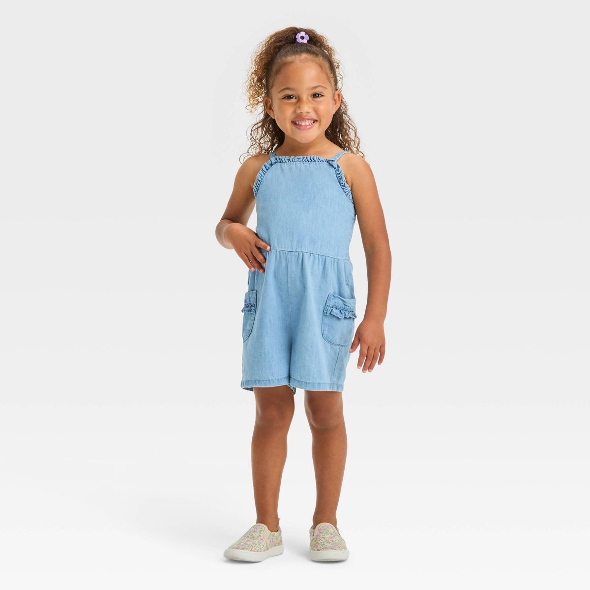 Toddler Girls' Chambray Denim Romper - Cat & Jack™ Blue 18M | Target