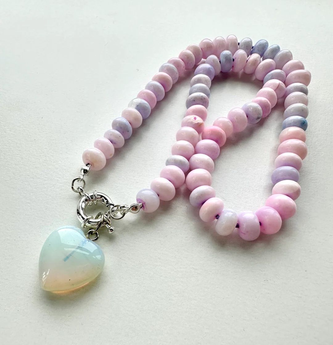 Light Pink and Purple Opal Beaded Necklace Knotted on Light Purple Silk With Removable Opalite He... | Etsy (US)