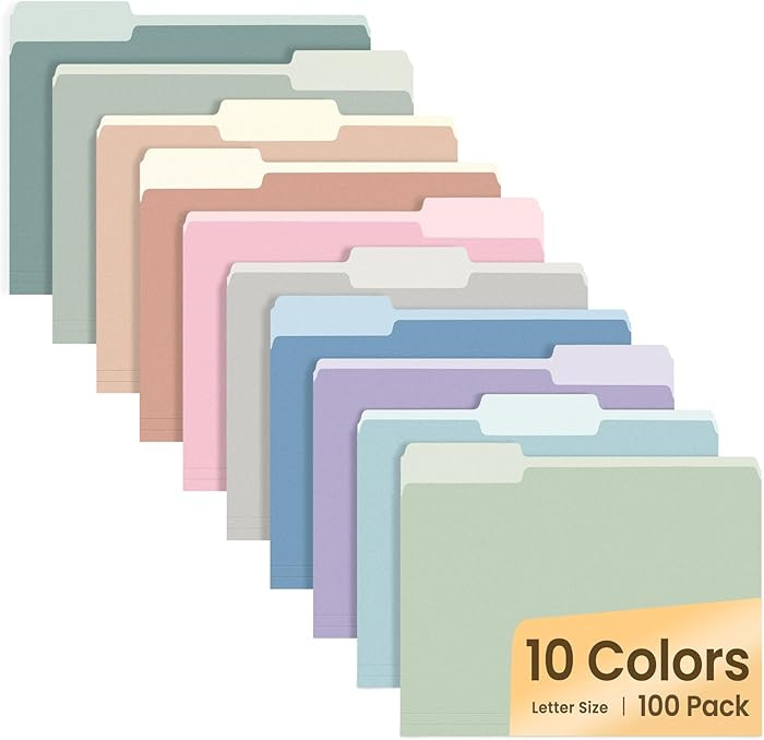 SUNEE File Folders Letter Size 10 Pastel Colors, 100 Pack Manilla Folders 8.5 x 11 1/3-Cut Tabs, ... | Amazon (US)