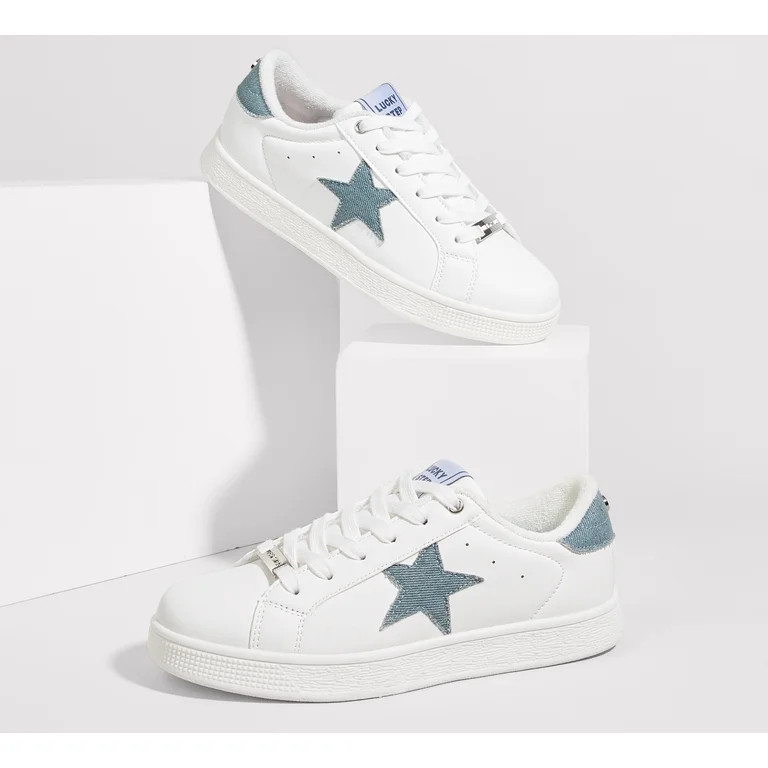 LUCKY STEP Stylish Star Low Top Lace Up Sneaker Comfort Walking Shoes,White/Denim Blue PU,Womens | Walmart (US)