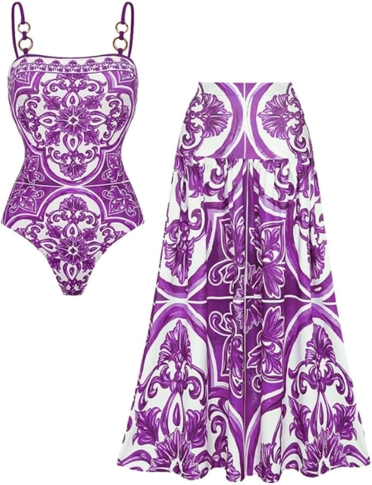 FLAXMAKER Women's One Piece Sling Classic Majolica Adjustable Bathing Suits Back Lace up Swimsuit... | Amazon (US)