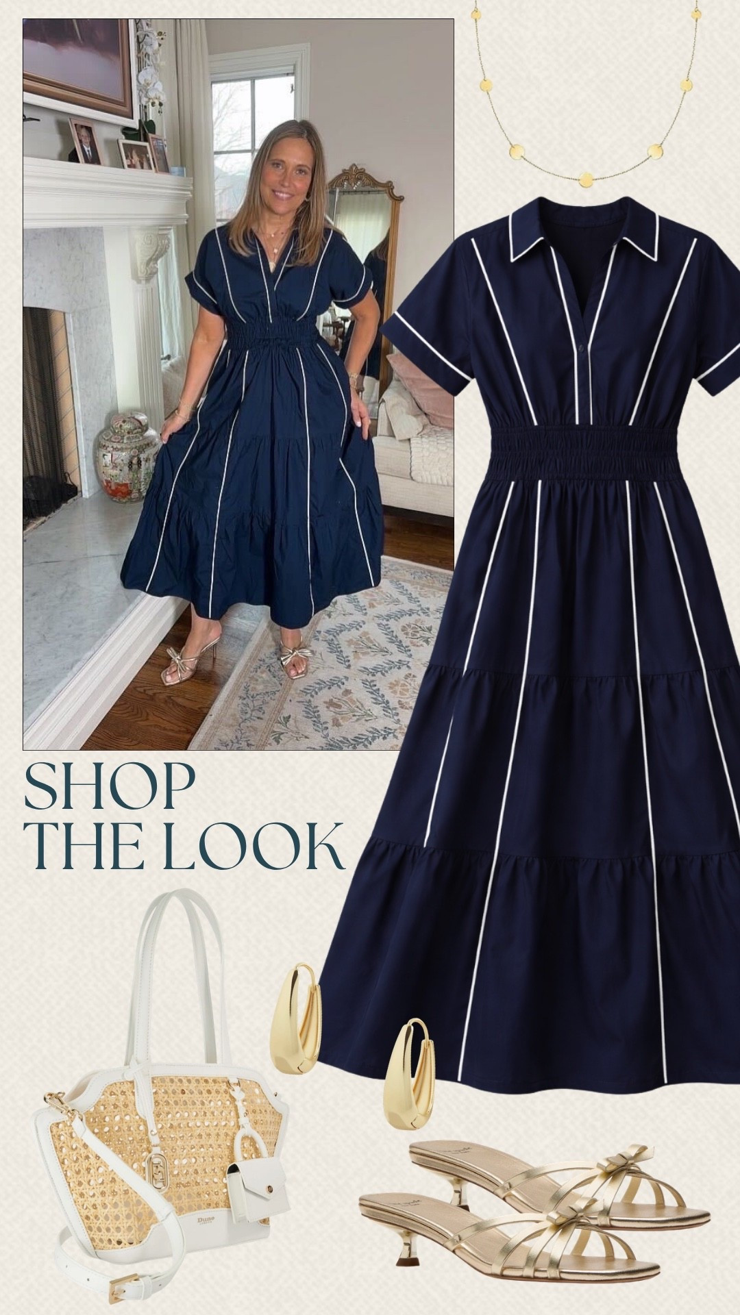 We are loving this classic navy look!This Anthropologie dress is flattering and easy for the spring. We added gold accessories to elevate it for brunch, dinners, and everything in between.

#LTKMidsize #LTKOver40 #LTKSeasonal