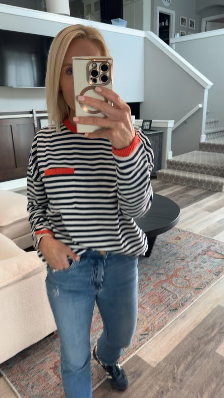 Amazon look. Loving this fall blue and red combo. Paired with sambas. 
TTS. Too runs oversized. 

#LTKSaleAlert #LTKFindsUnder50 #LTKPetite