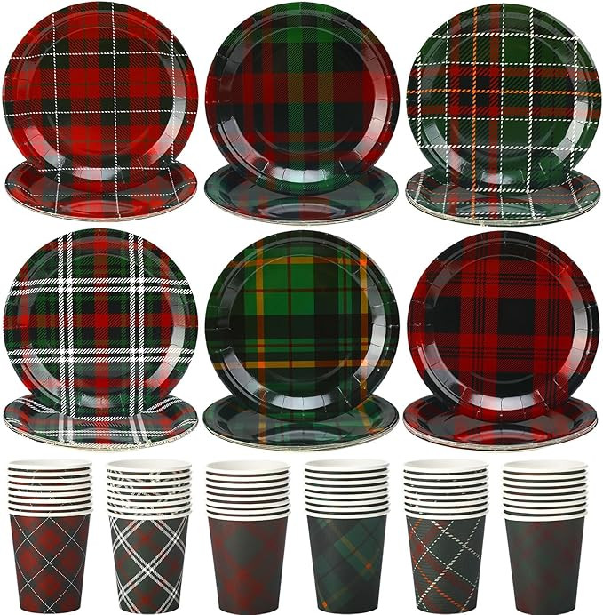 Mifoci 96pcs Plaid Tableware Set, Paper Plates & Cups for 48 Guests, Christmas Party Supplies Dis... | Amazon (US)