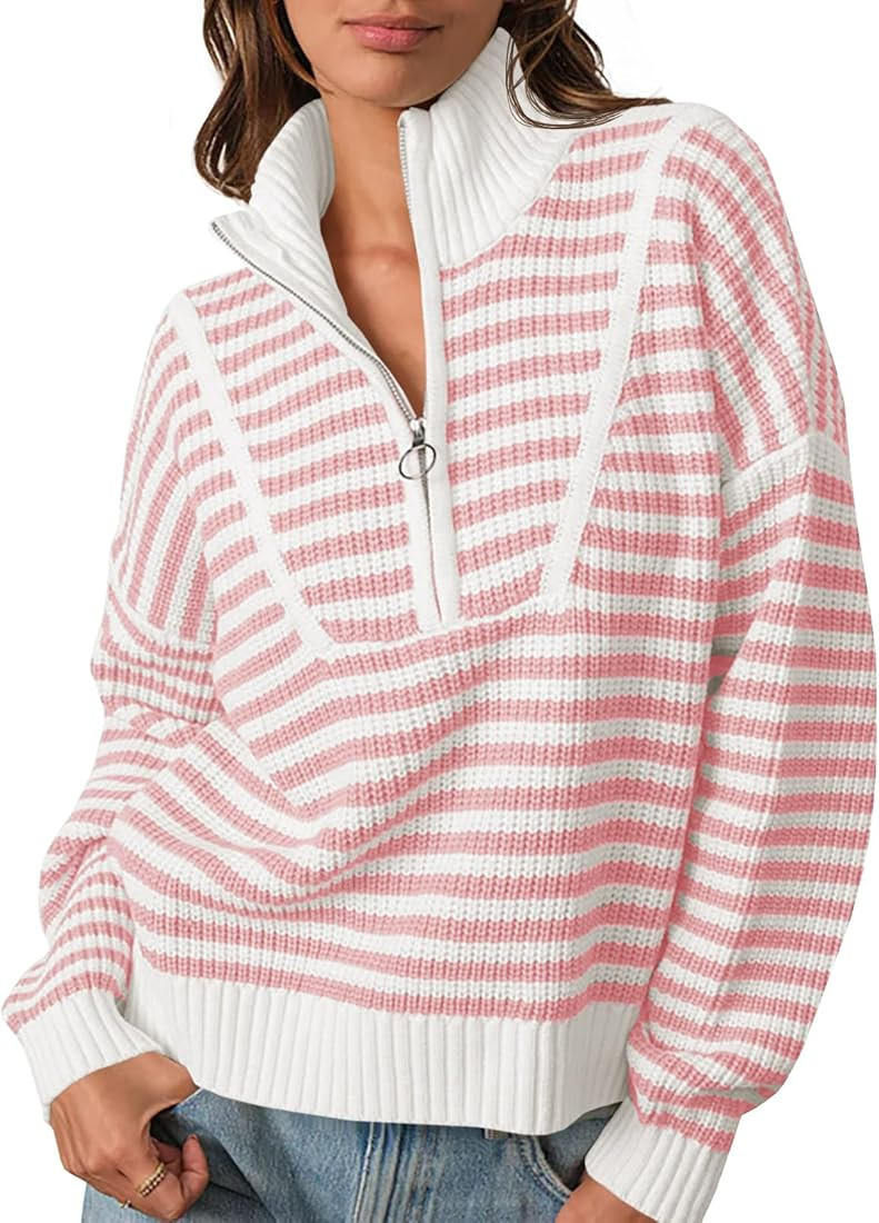 Saodimallsu Womens Striped Sweaters Quarter Zip V Neck Collared Long Sleeve Ribbed Knit Loose Pul... | Amazon (US)