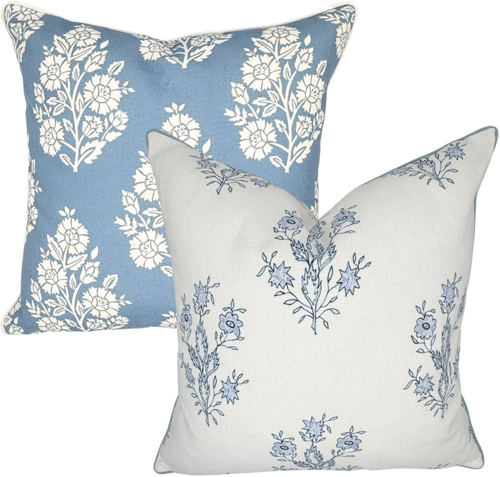 Mary and Hazel Bundle Grandmillennial Throw Pillow Cover Blue & White Home Decor | Amazon (US)