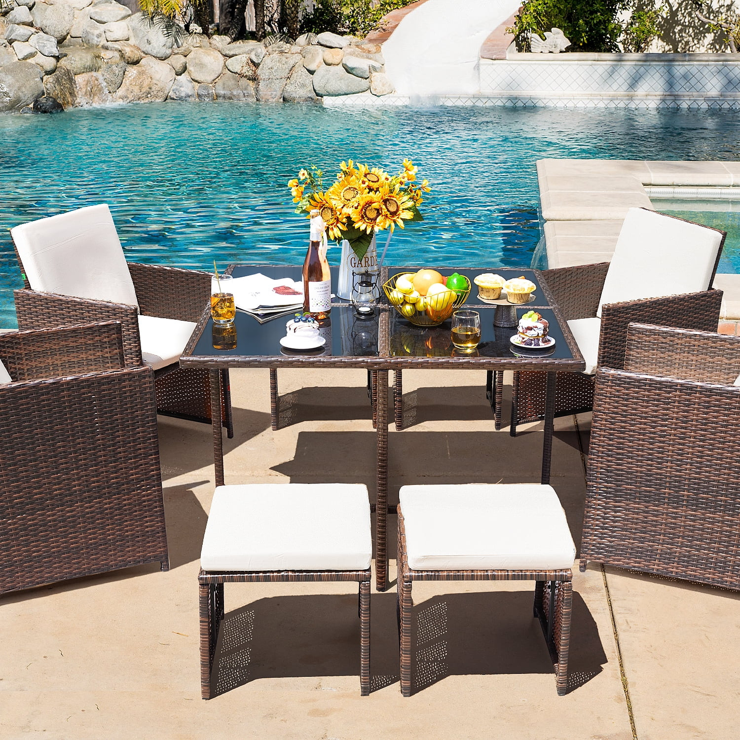 Lacoo 9 Pieces Patio Conversation Sets Wicker Rattan Dining Sets Tempered Glass Table Cushioned C... | Walmart (US)