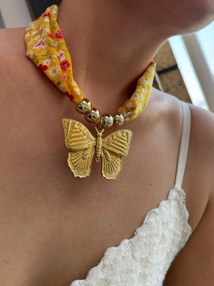 1pc New Chinese Style Elegant Silk Scarf Design Stainless Steel Butterfly Pendant Necklace For Wo... | SHEIN