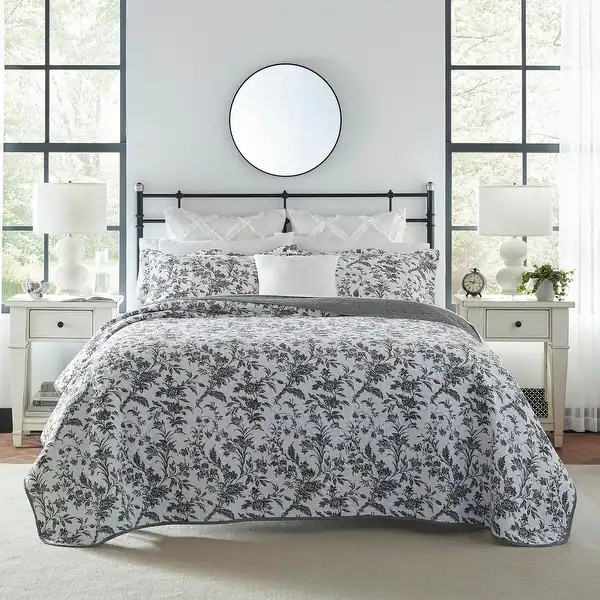 Laura Ashley Amberley Reversible Black Cotton Quilt Set - Twin | Bed Bath & Beyond