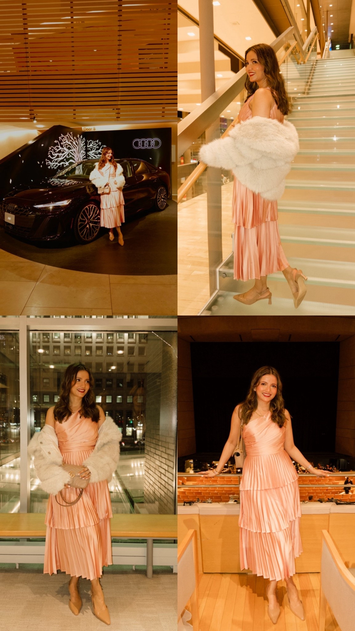 what to wear to watch the ballet outfit. pink tiered pleated dress. faux fur jacket 

#LTKstyletip #LTKwedding #LTKdresses