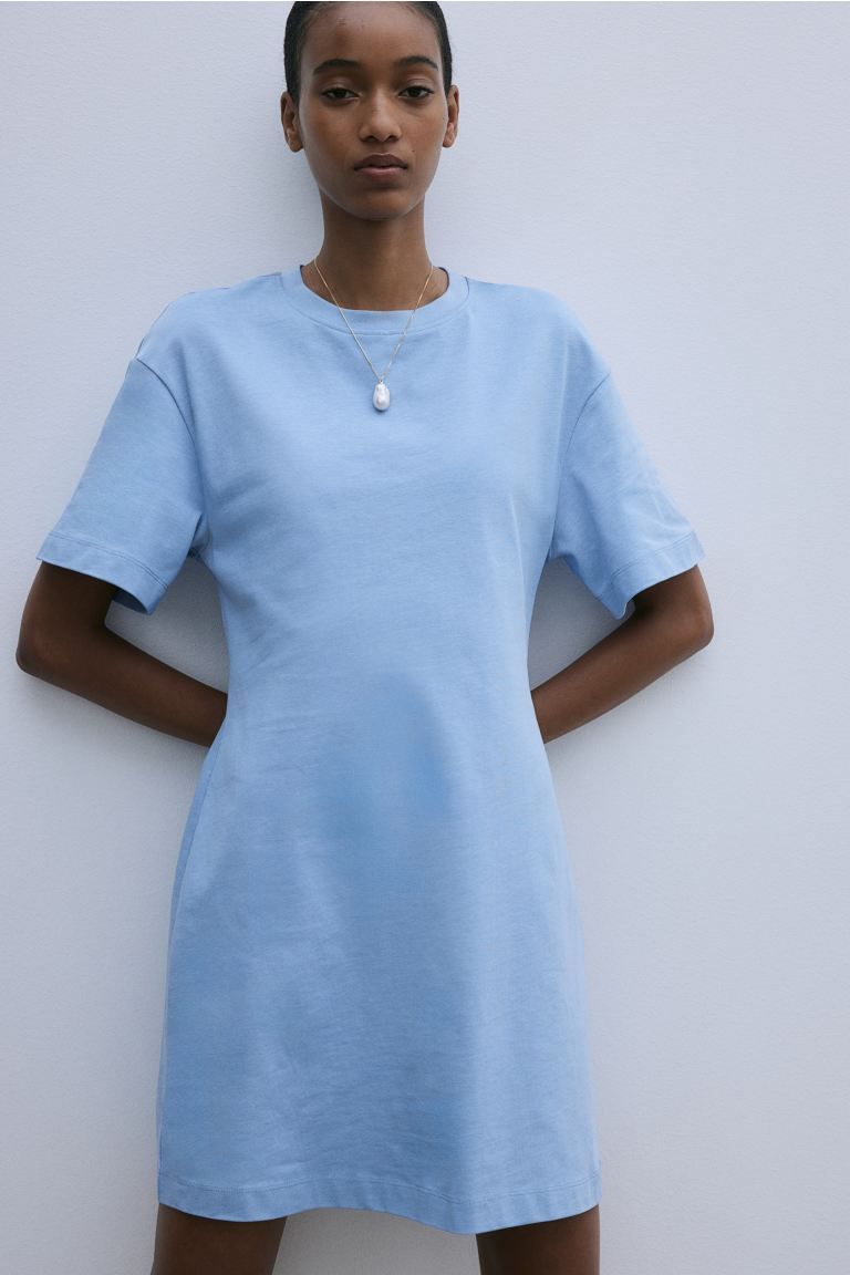 Defined-waist T-shirt Dress - Round Neck - Short sleeve - Light blue - Ladies | H&M US | H&M (US + CA)