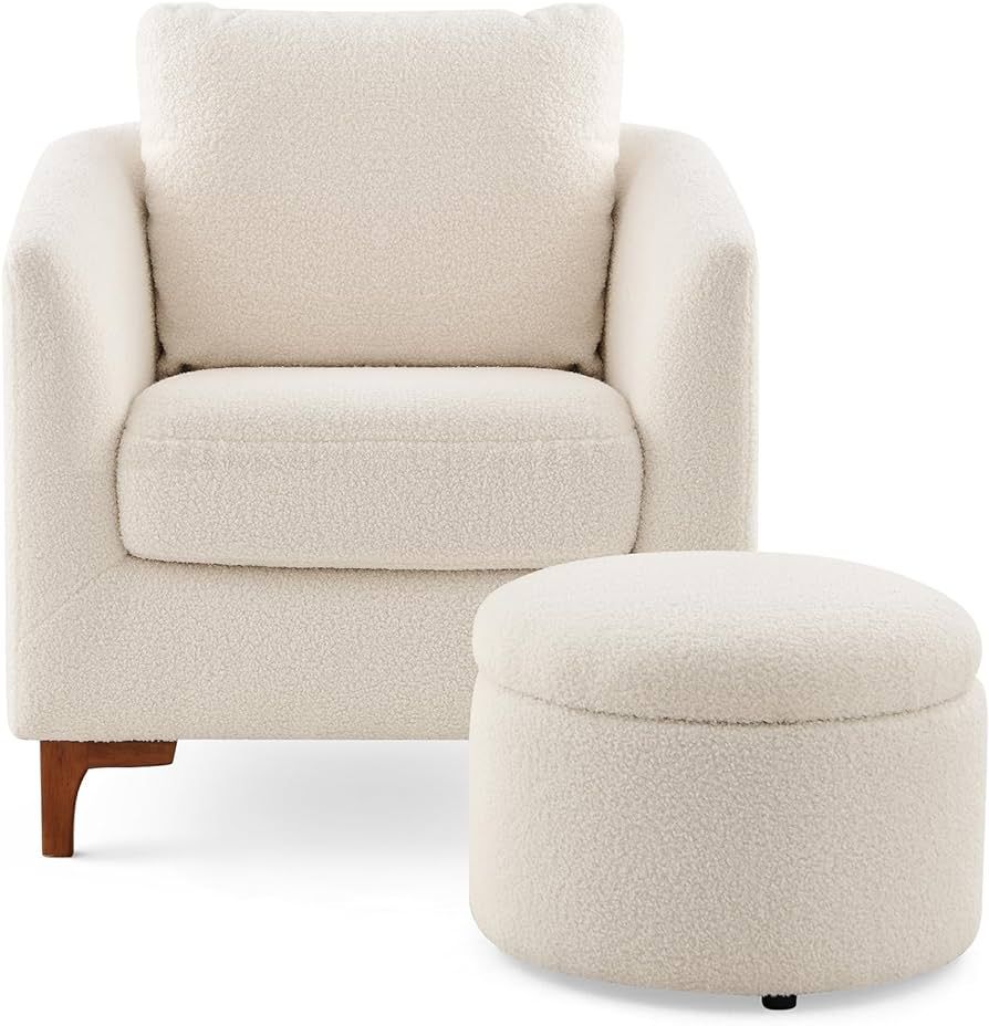 COLAMY Sherpa Accent Chair with Storage Ottoman Set, Upholstered Barrel Club Arm Chair with Footr... | Amazon (US)