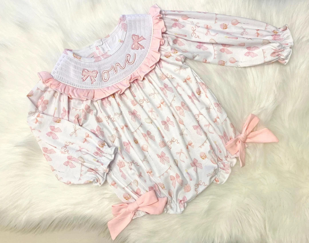 Pink Bow ONE First Birthday Girl Outfit Coquette, Smocked Bubble Romper Winter Birthday Girl Outf... | Etsy (US)