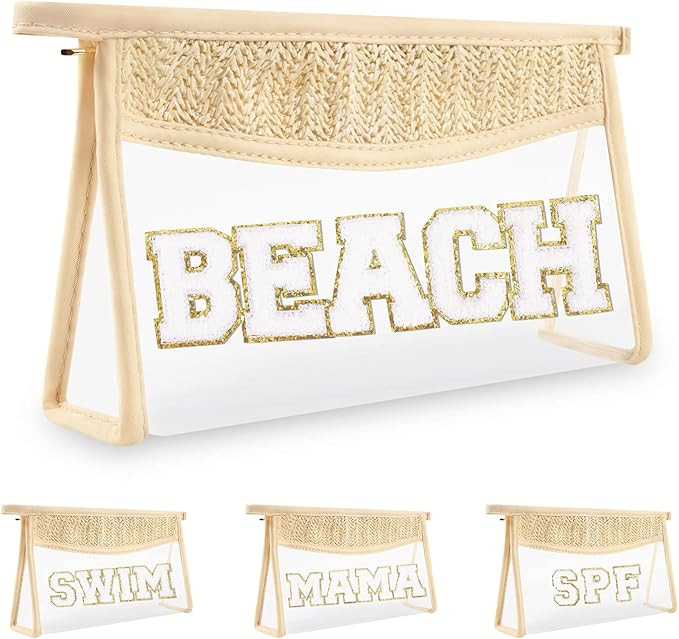 Iqimott Boho Patch Stuff Bag Clear Makeup Letter Bag, Waterproof Zipper Make up Bag Toiletry Pouc... | Amazon (US)