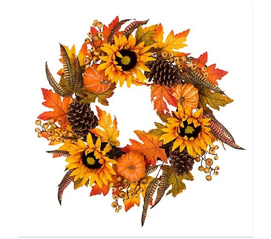 Glitzhome Fall Sunflower and Pumpkin Hanging Decorative Wreath - QVC.com | QVC