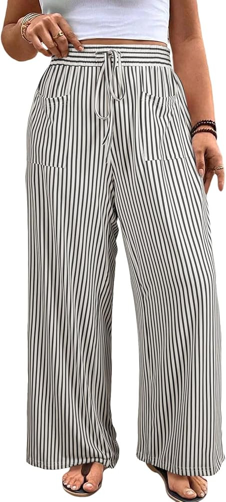 Eytino Womens Plus Size Wide Leg Pants Elastic High Waist Striped Casual Palazzo Pants Lounge Tro... | Amazon (US)